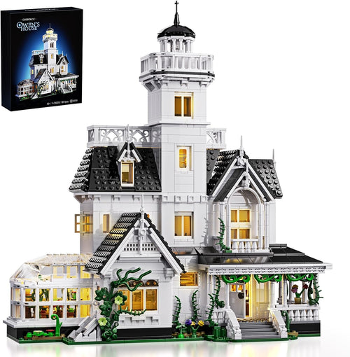 Dark brick-built haunted house glowing with warm LED light in the windows
