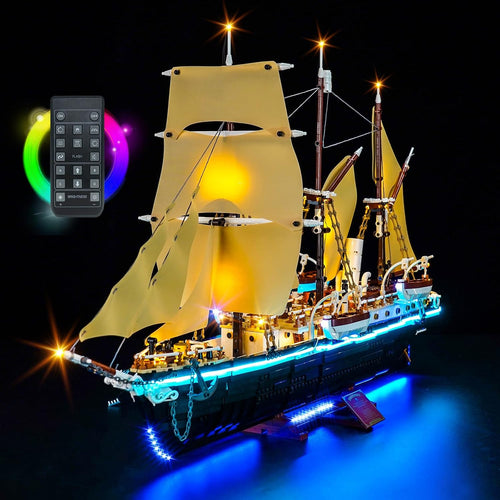 Brick-built polar expedition ship Endurance in ice lit by LED lights