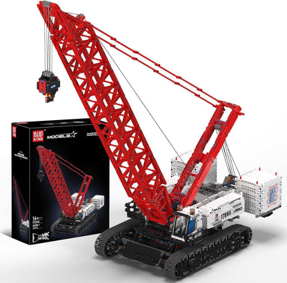 Tall yellow tracked crawler crane brick model with a long lattice boom – view 2