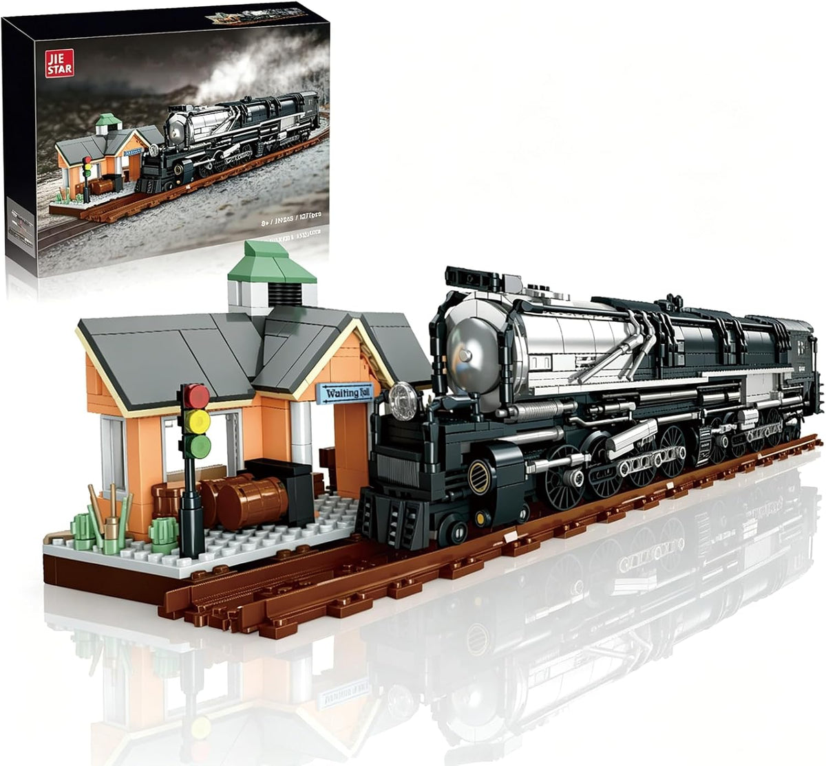 Brick steam locomotive on tracks beside a small station platform