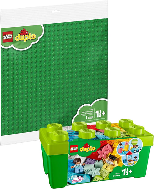 Box of large toddler bricks with a car and figures beside a green baseplate