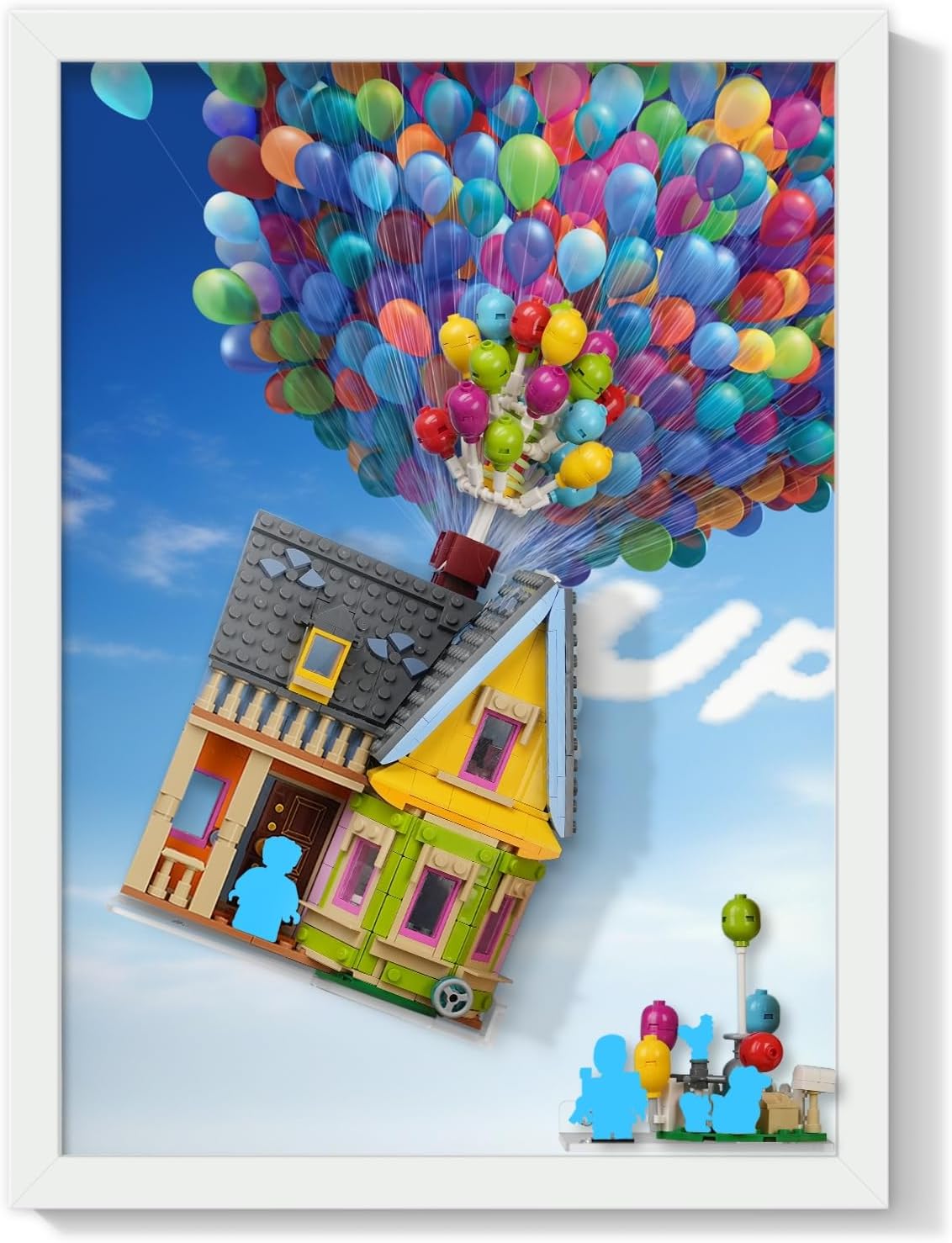 Wall-mounted display board with sky and balloon backdrop holding a small brick-built house
