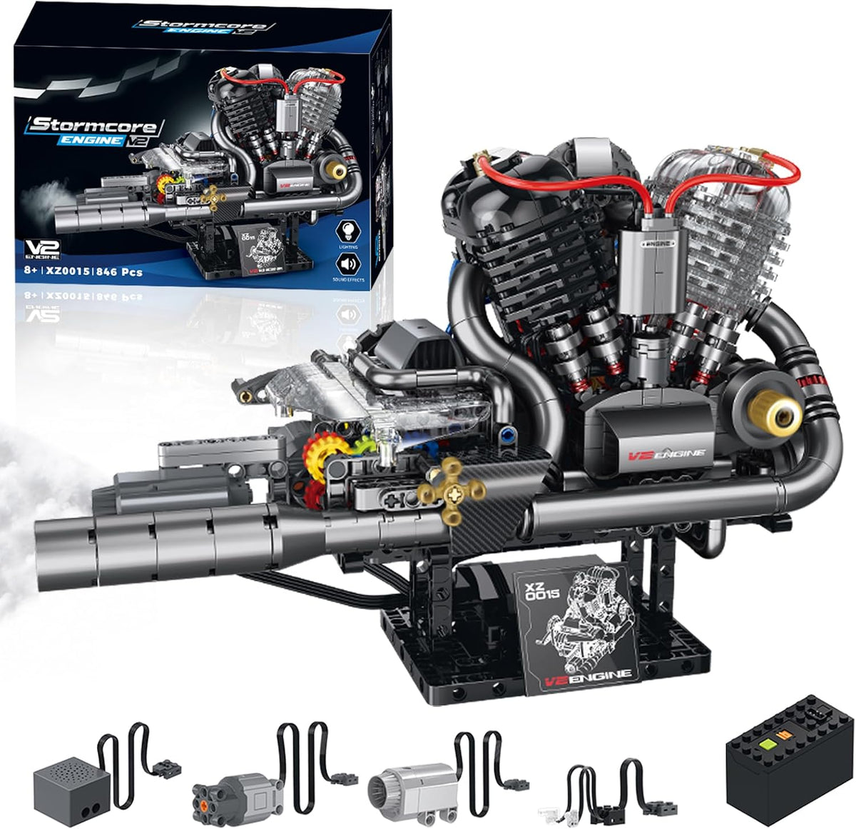 Motorized V-twin engine brick model with visible gears and chain drive – view 2