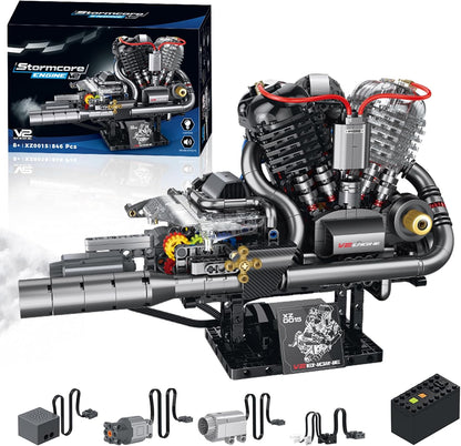 Motorized V-twin engine brick model with visible gears and chain drive – view 2