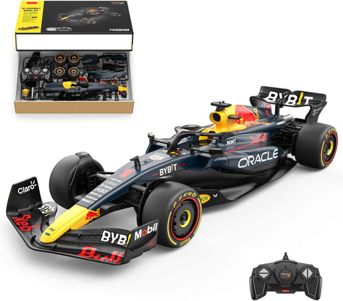 Blue brick-built 1:16 remote control open-wheel race car with controller