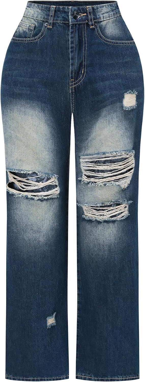 Women's High Waisted Wide Leg Jeans - Distressed Stretch Denim in Fourteen Washes for Casual Days - 10