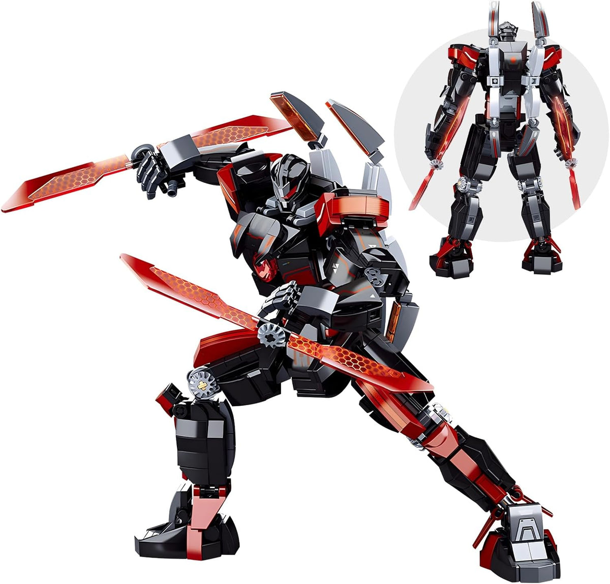 Built battle-damaged mech robot with rotary cannon and metallic parts – view 3
