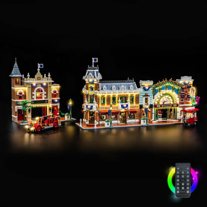 Vintage main street brick storefronts lit from inside by an LED light kit – view 2