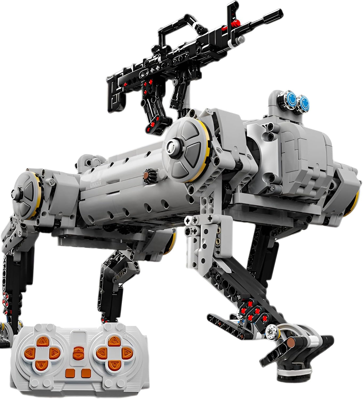 Brick-built mechanical military robot dog standing on four legs – view 2