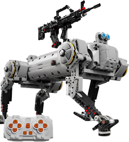 Brick-built mechanical military robot dog standing on four legs – view 2