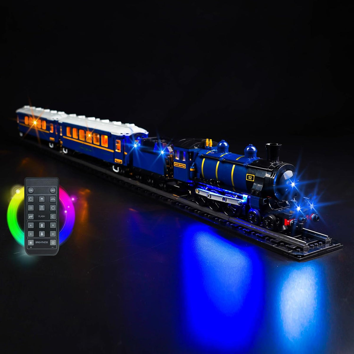 Brick-built vintage express train lit by warm LED lights in its carriages