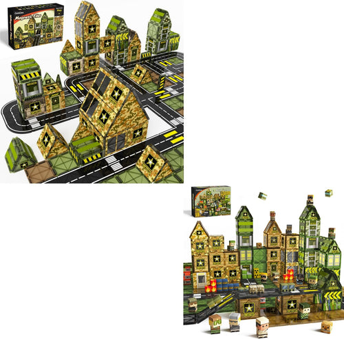 Army base built from magnetic tiles with toy soldier magnetic blocks
