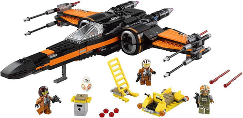 Brick-built black and orange starfighter with loader vehicle and figures