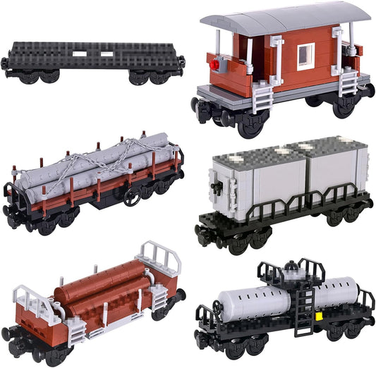 Built freight train cars with cargo containers on brick train tracks