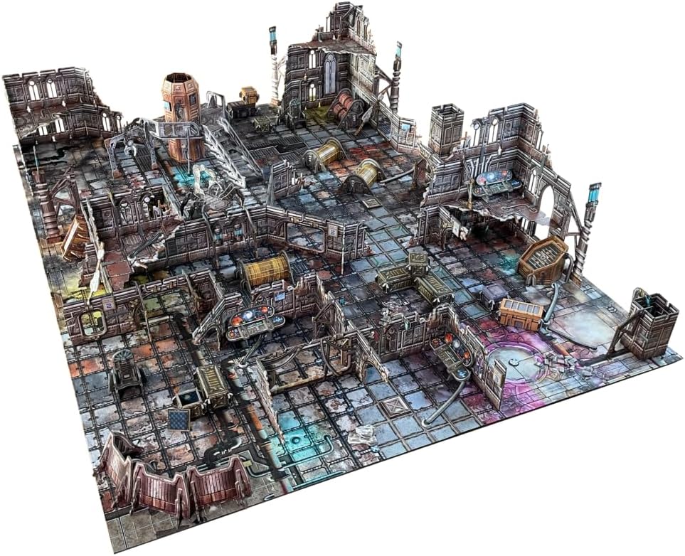 Full color printed multi-level gothic sci-fi buildings arranged as 28mm tabletop terrain