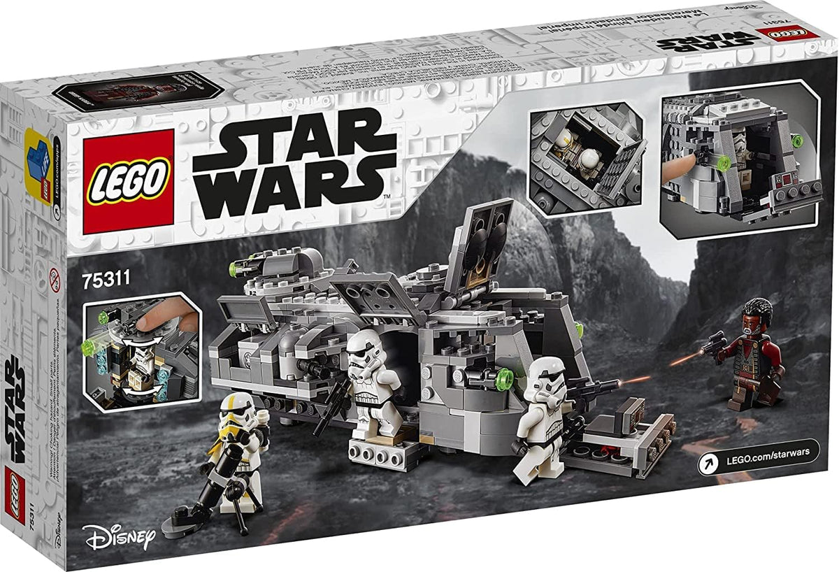 Brick-built armored transport vehicle with rear turret and four figures