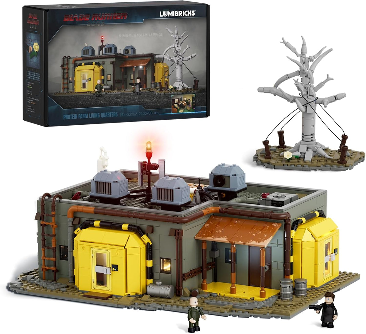 Weathered sci-fi farmhouse brick model with warm interior lighting