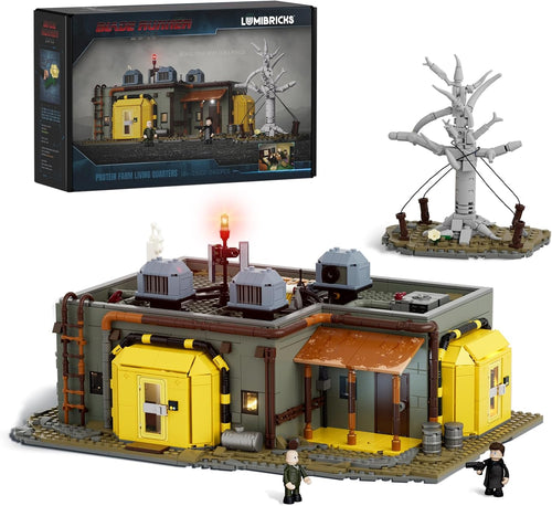Weathered sci-fi farmhouse brick model with warm interior lighting