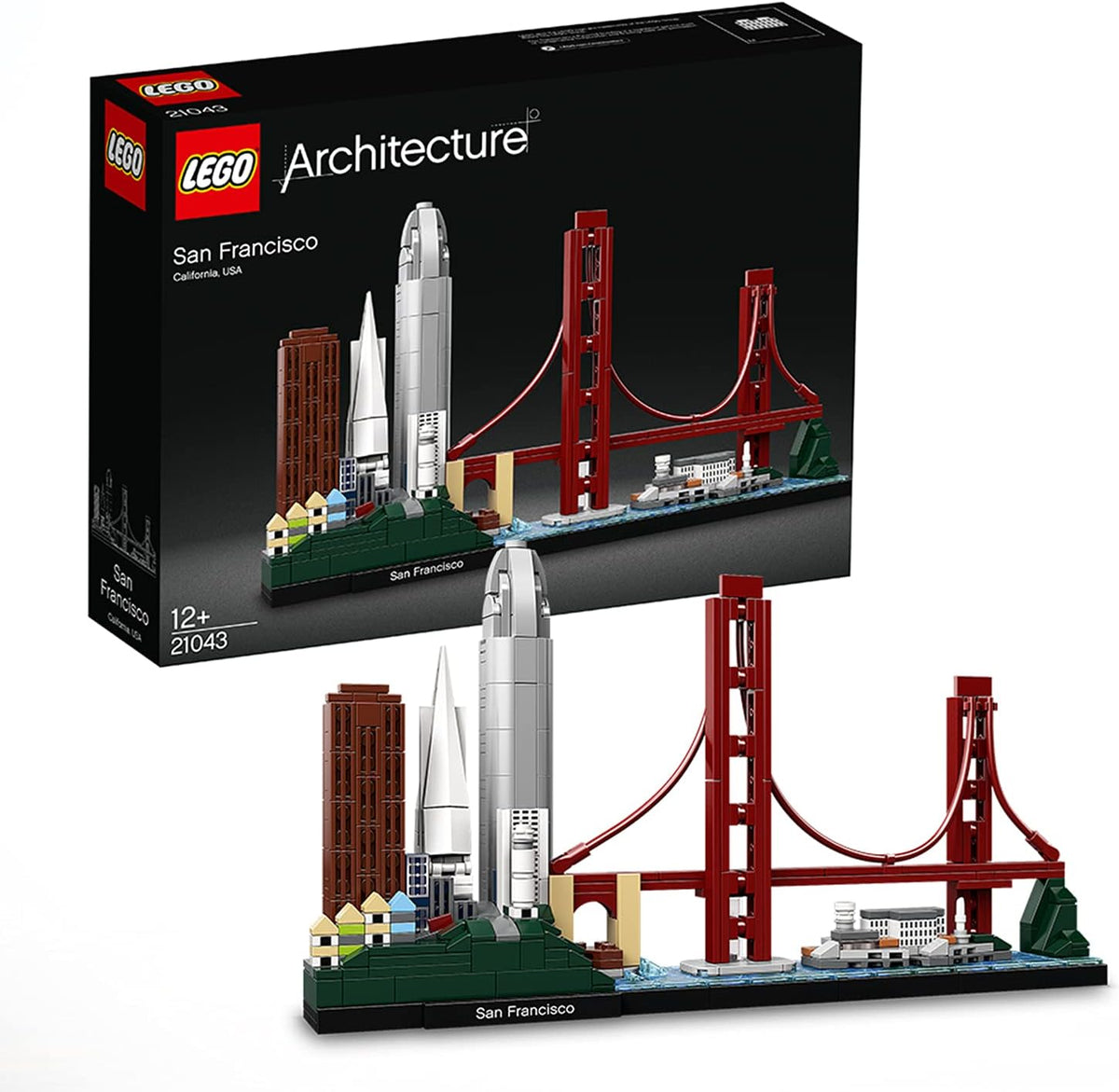 Brick-built San Francisco skyline with Golden Gate Bridge and Alcatraz Island