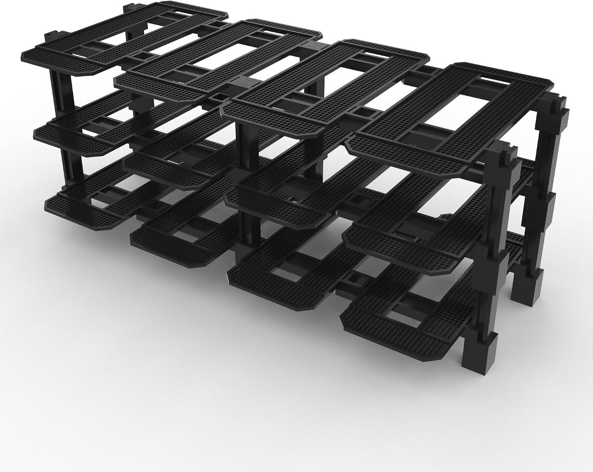 Modular racing garage display rack with small brick race cars in each bay – view 6