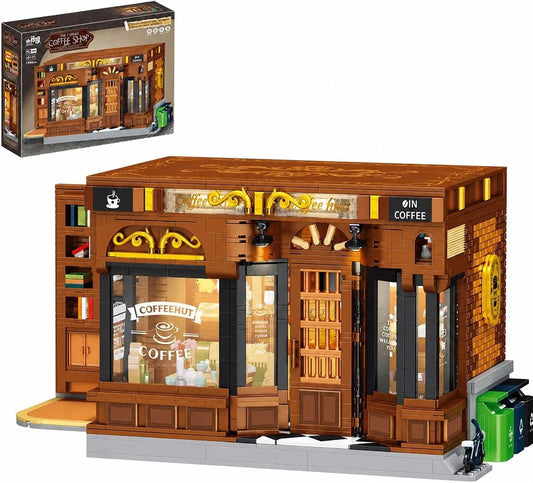 Brick coffee shop with open side wall, bookshelf inside and bicycle out front