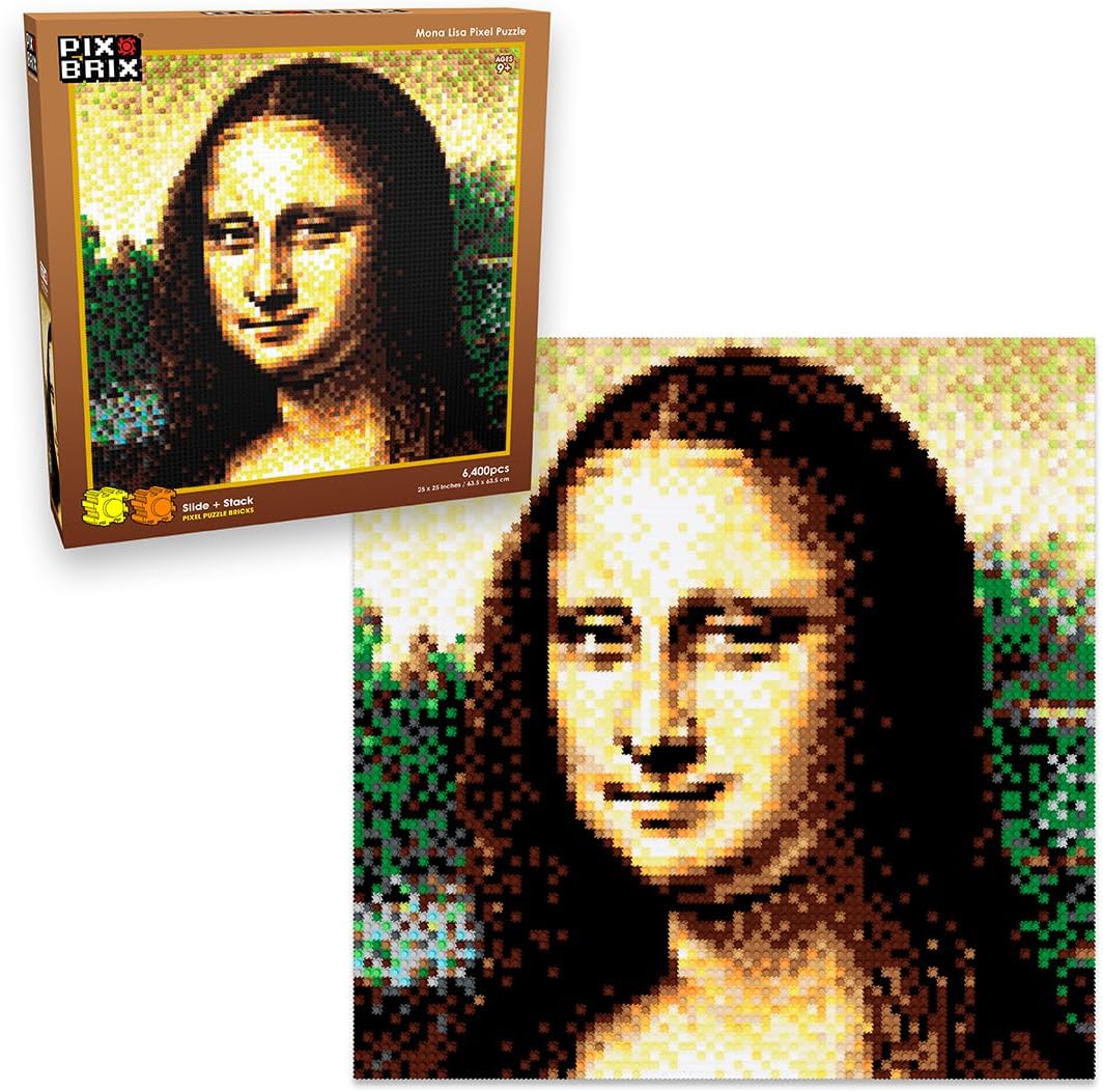 Pixel brick mosaic of The Scream painting with swirling orange sky – view 3