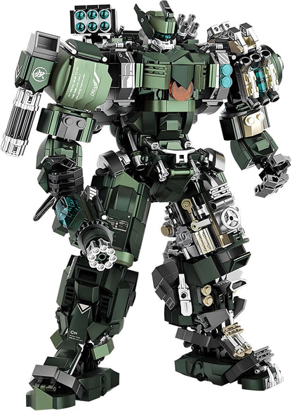 Built battle-damaged mech robot with rotary cannon and metallic parts – view 2