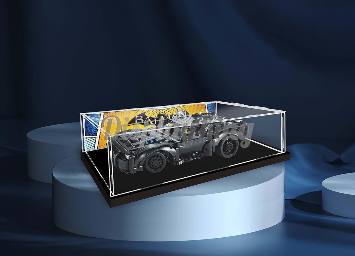 Clear acrylic case with dark skyline background holding a black armored car brick model