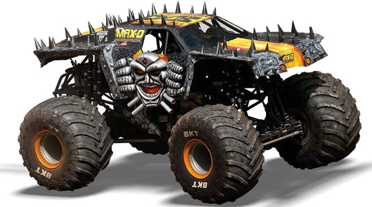 Built black monster truck with spikes, fire graphics and large tires