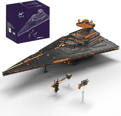 Brick-built gray wedge-shaped space attack cruiser on an elevated display stand – view 3