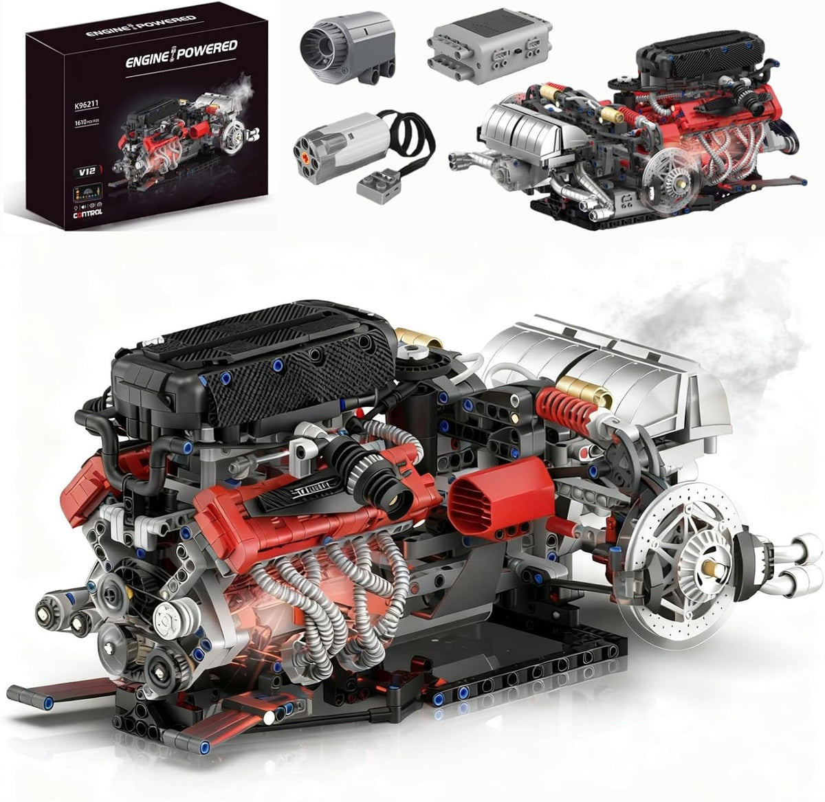 Transparent V12 engine model with visible pistons and lighting