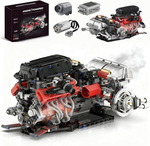 Transparent V12 engine model with visible pistons and lighting