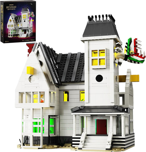 Brick-built crooked haunted house with a striped sandworm monster