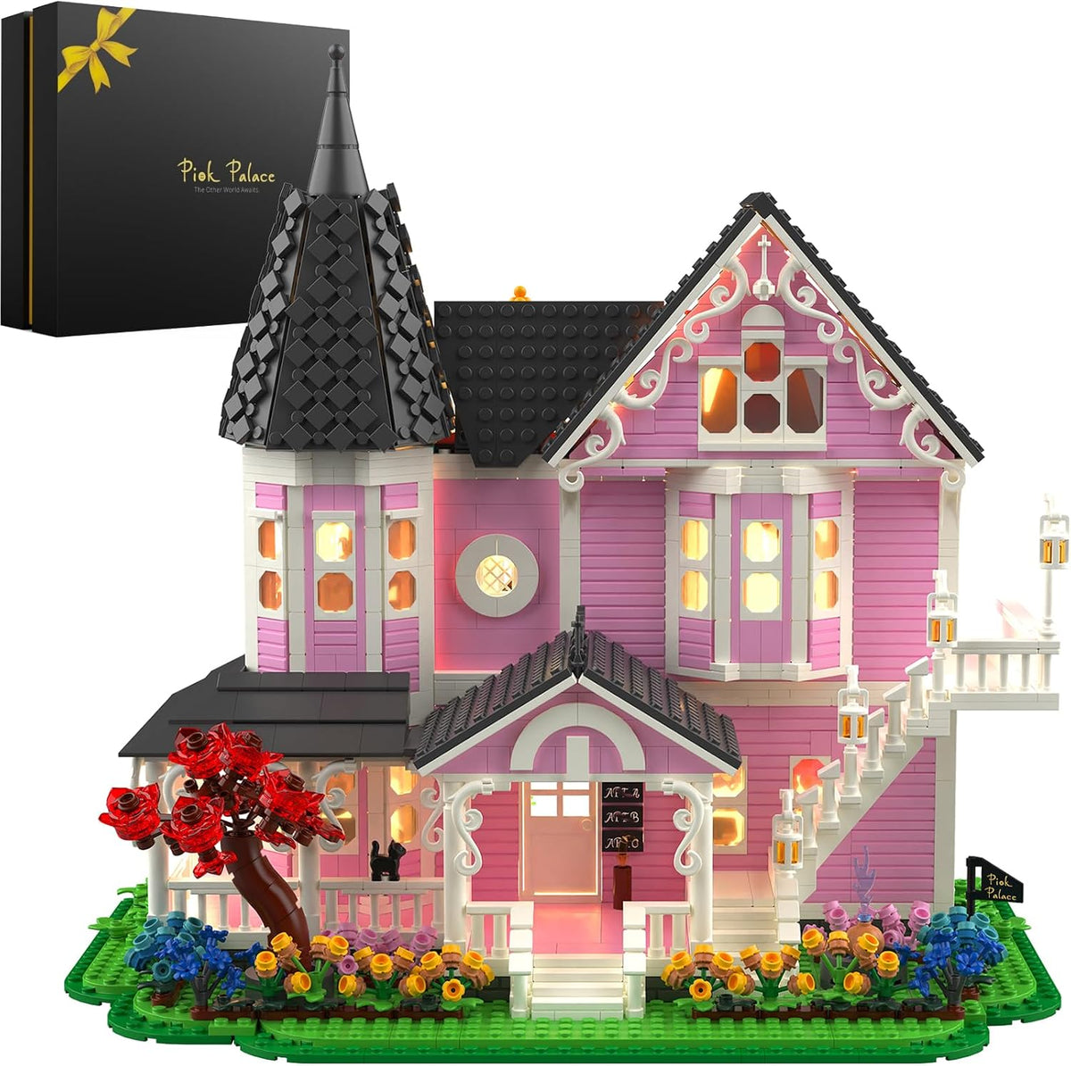 Pink Victorian brick house with wraparound porch, gables and attic lookout