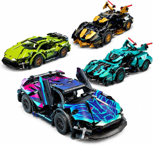 Four built futuristic racing car brick models in different colors lined up
