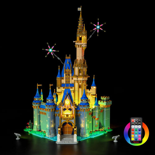 Fairy tale castle brick model lit with a remote-control LED kit