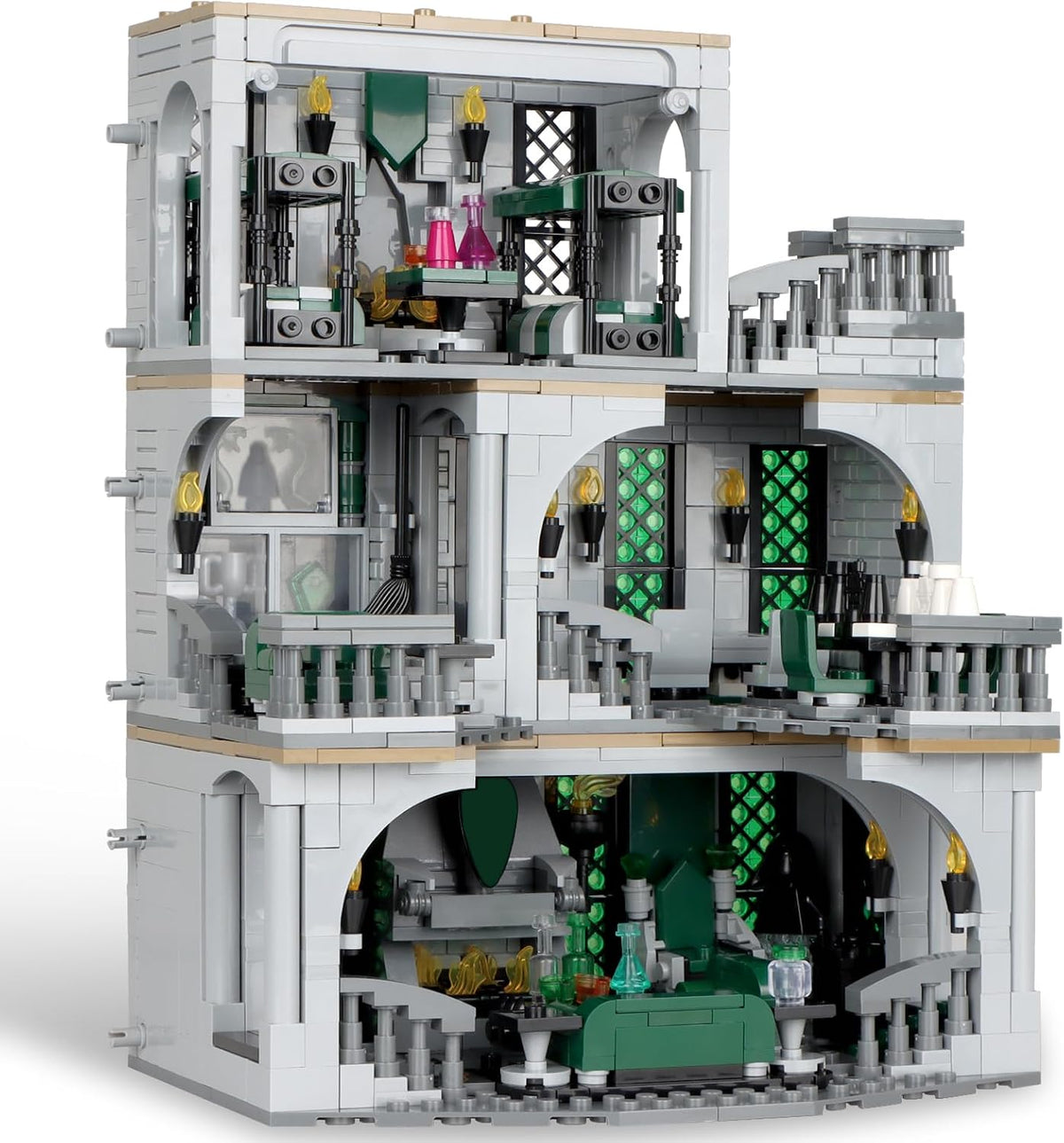 Brick wizard school common room with fireplace and dorm beds