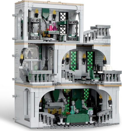 Brick wizard school common room with fireplace and dorm beds