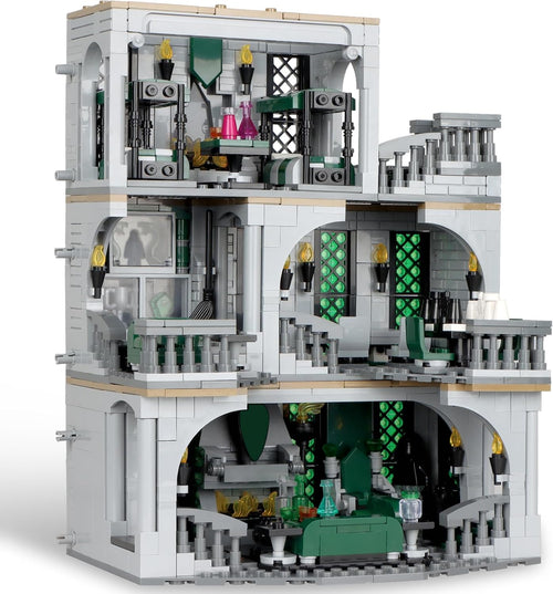 Brick wizard school common room with fireplace and dorm beds
