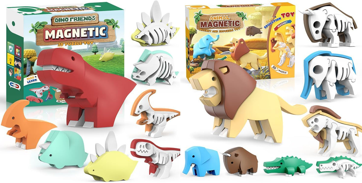 Magnetic dinosaur and animal toys split open to show colorful skeleton parts