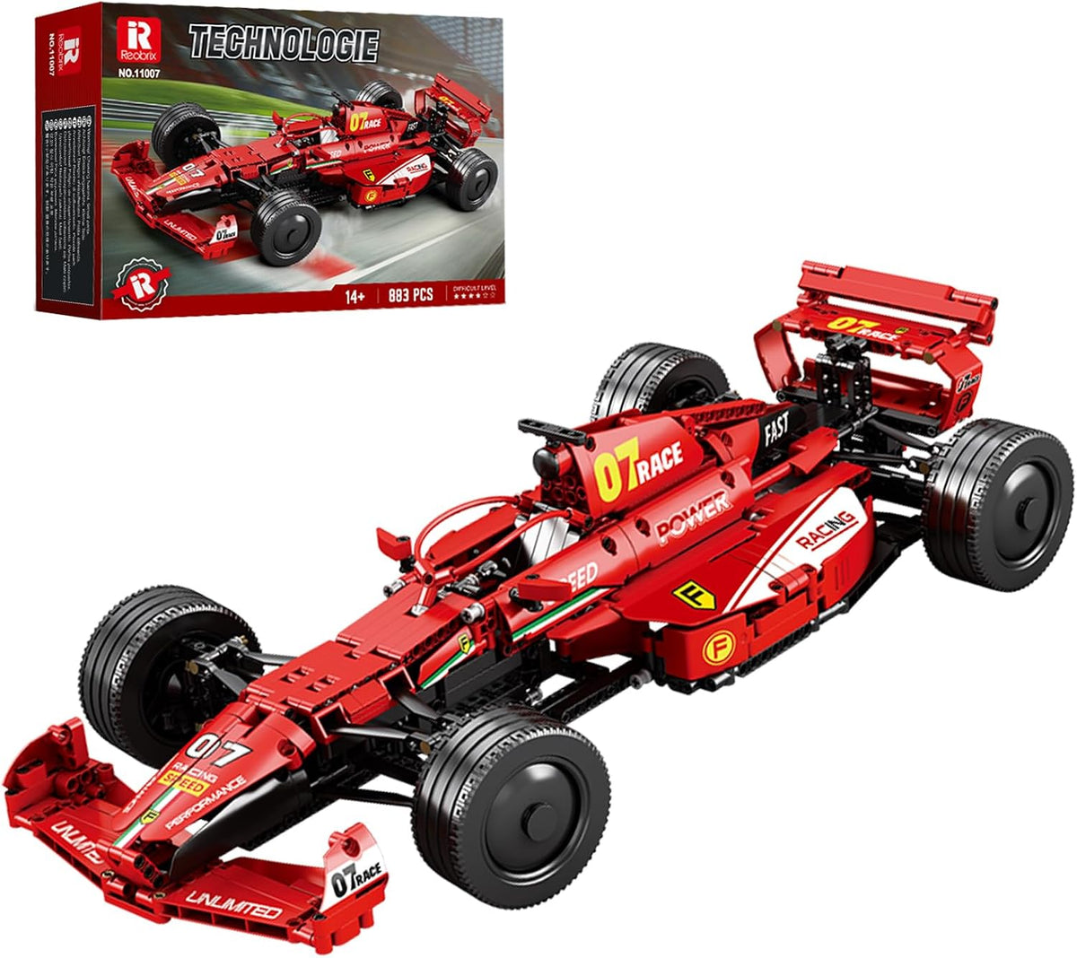 Brick-built 1:8 scale open-wheel race car display model