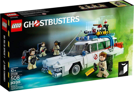 White brick 1980s station wagon with ghost detection gear on roof