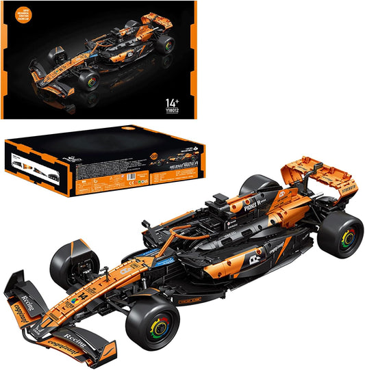 Built 1:8 scale orange sports car brick model in side profile