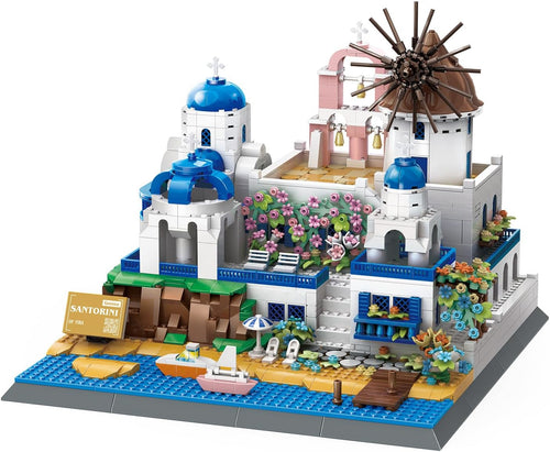 Brick-built Santorini village with white houses and blue domed roofs on a cliff