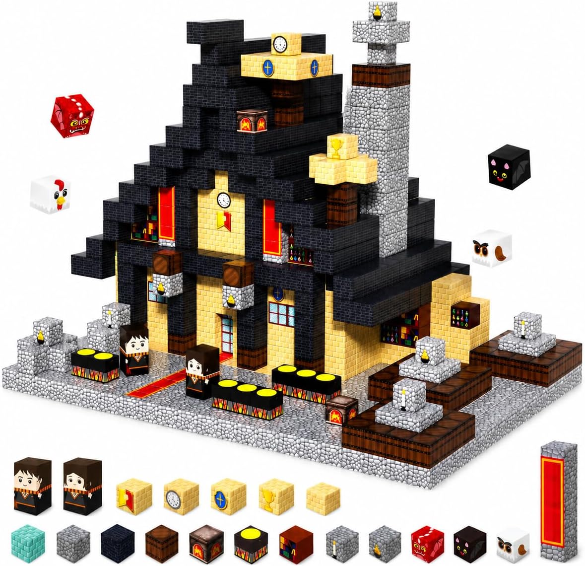 Magnetic cube forest castle with dinosaurs and a glowing orange volcano – view 11