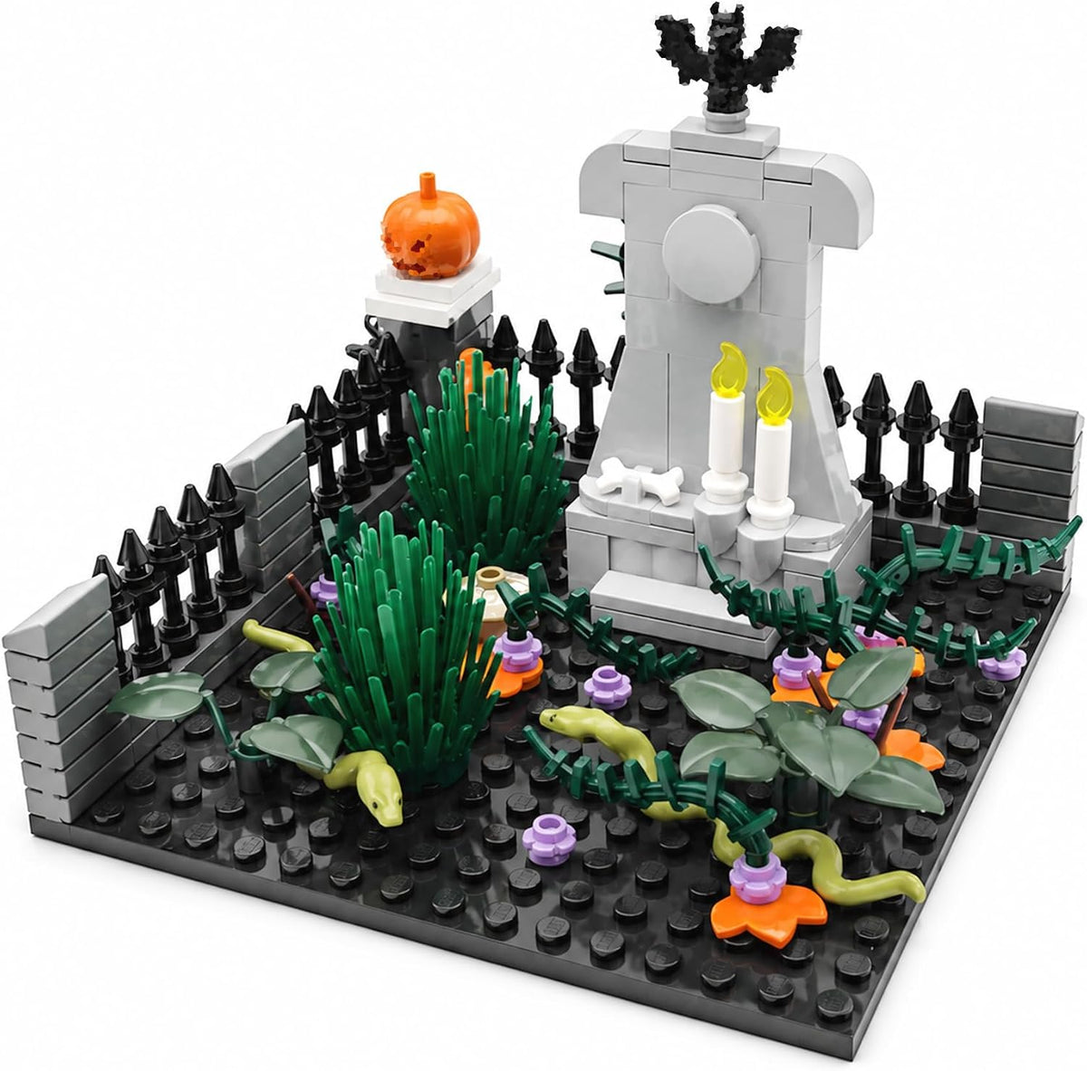 Brick-built Halloween graveyard with gates, tombstones, ghosts and pumpkins – view 2