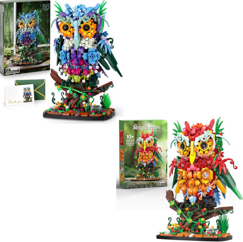 Brick-built owl made of flowers with daisy eyes and leaf wings on a branch