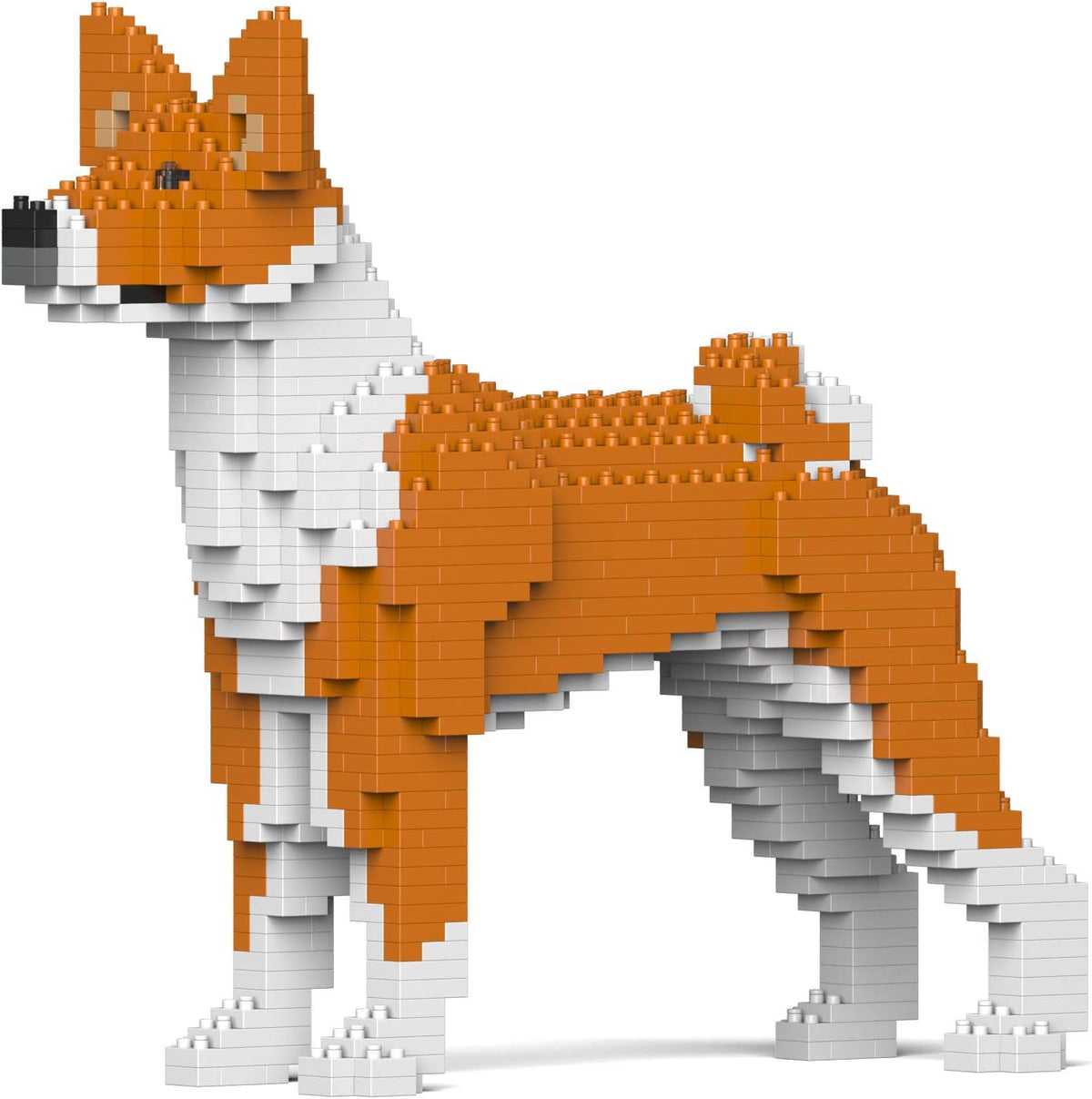 Brick-built Basenji dog sculpture with curled tail in orange and white – view 2
