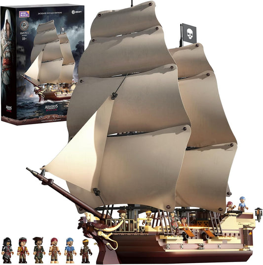 Pirate sailing ship brick model with sails, figurehead and crew