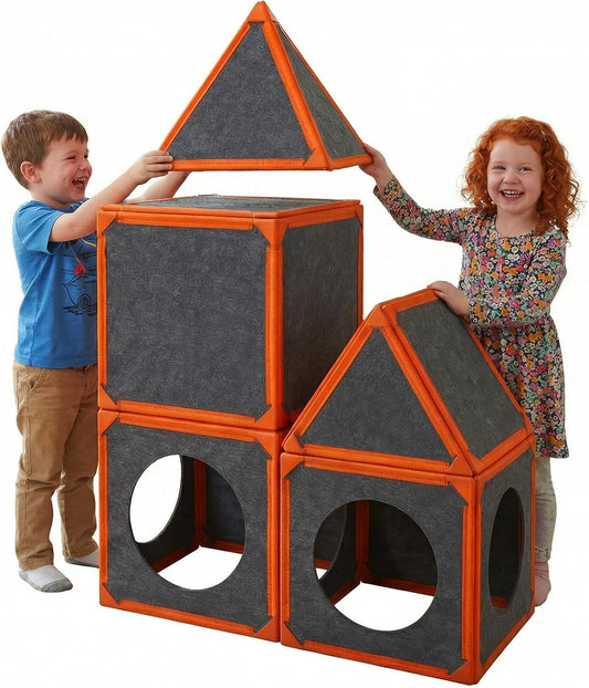 Bright orange magnetic panels connected into a kids' fort and tunnel